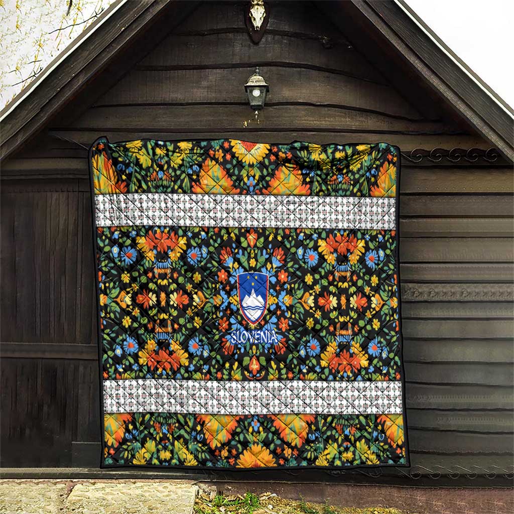Slovenia Folk Art Quilt Bright Floral Pattern with National Crest Emblem