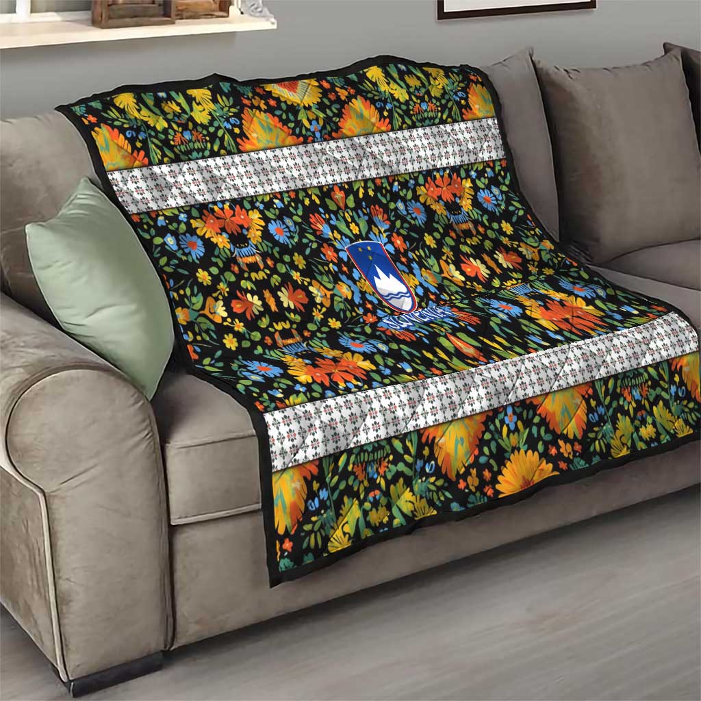 Slovenia Folk Art Quilt Bright Floral Pattern with National Crest Emblem
