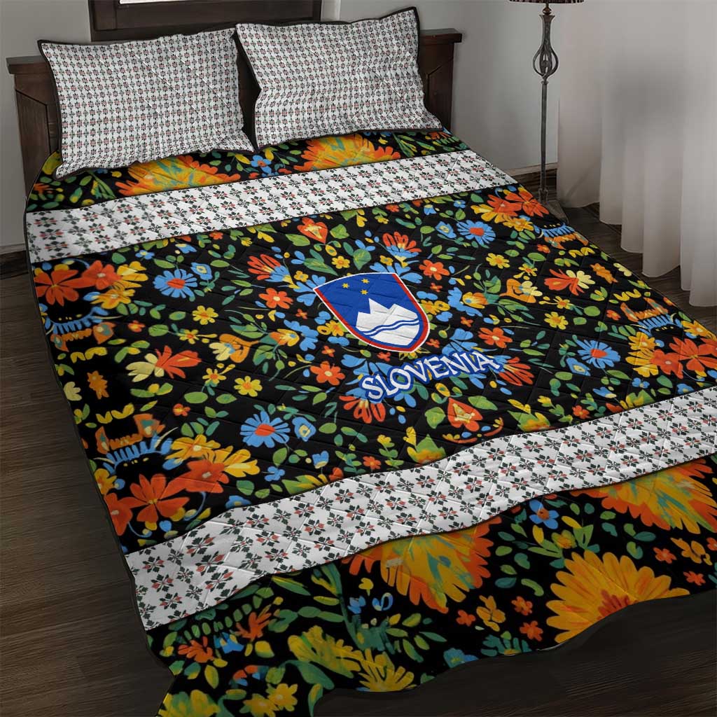 Slovenia Folk Art Quilt Bed Set Bright Floral Pattern with National Crest Emblem