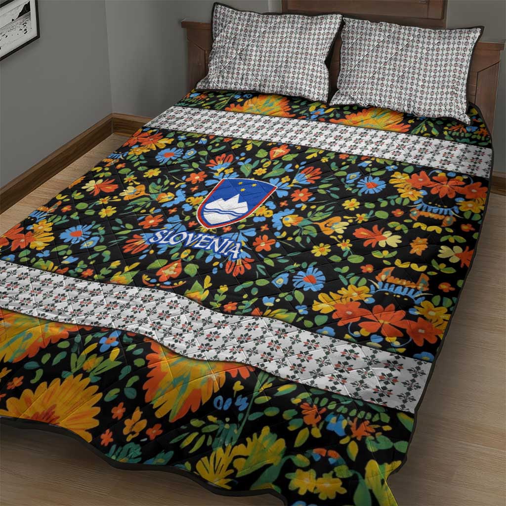 Slovenia Folk Art Quilt Bed Set Bright Floral Pattern with National Crest Emblem