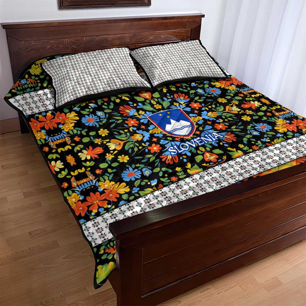 Slovenia Folk Art Quilt Bed Set Bright Floral Pattern with National Crest Emblem