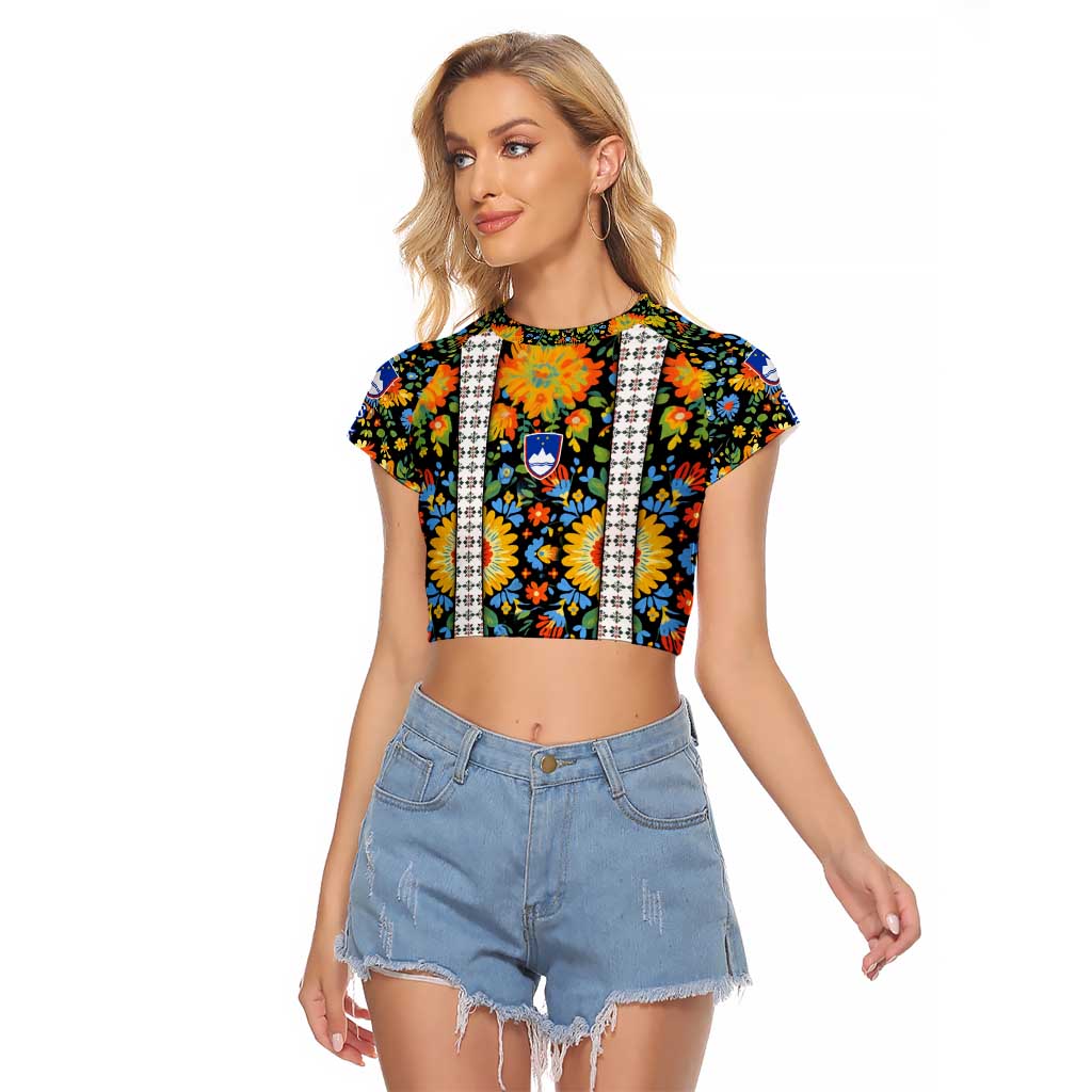 Slovenia Folk Art Raglan Cropped T Shirt Bright Floral Pattern with National Crest Emblem