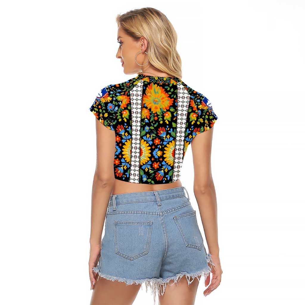 Slovenia Folk Art Raglan Cropped T Shirt Bright Floral Pattern with National Crest Emblem