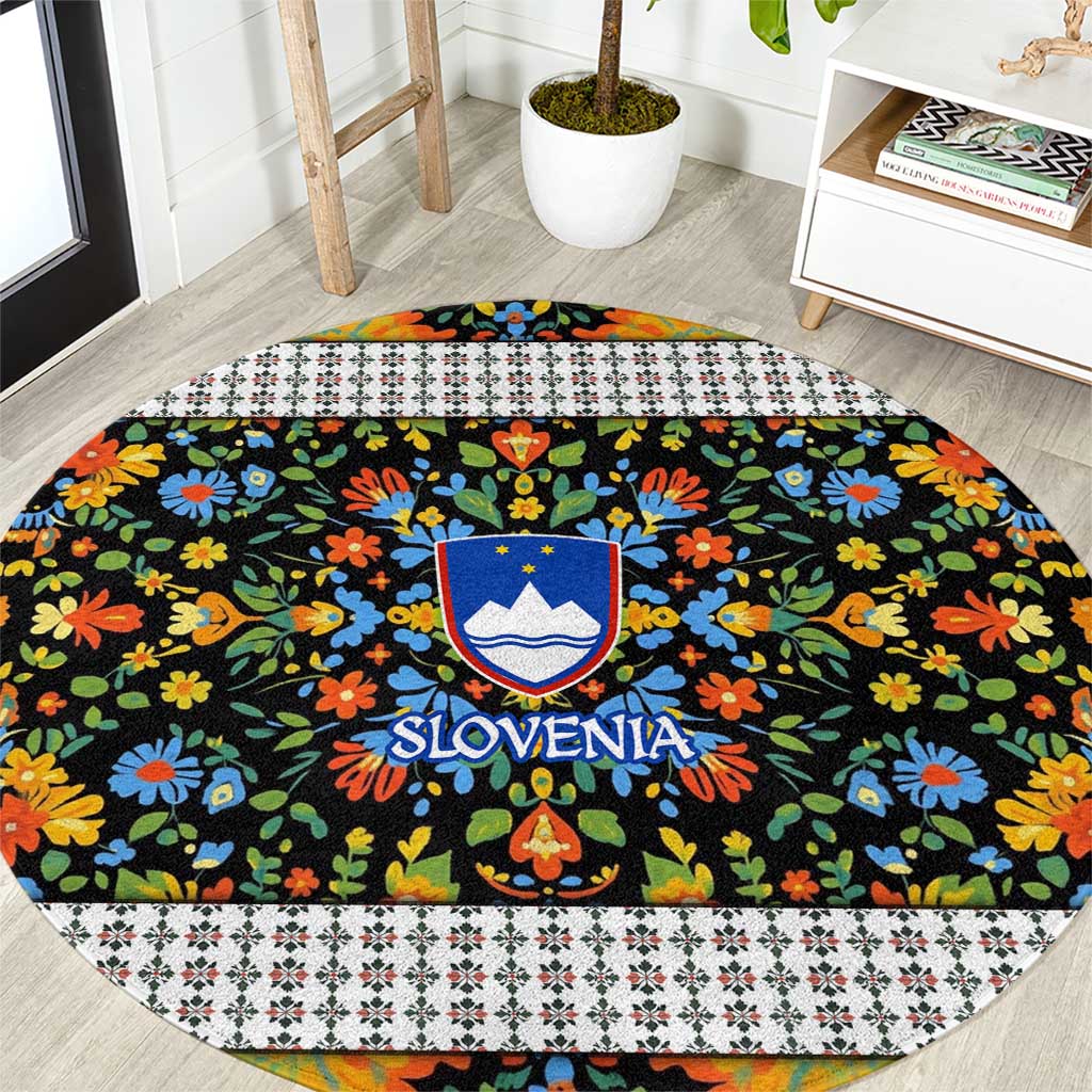 Slovenia Folk Art Round Carpet Bright Floral Pattern with National Crest Emblem