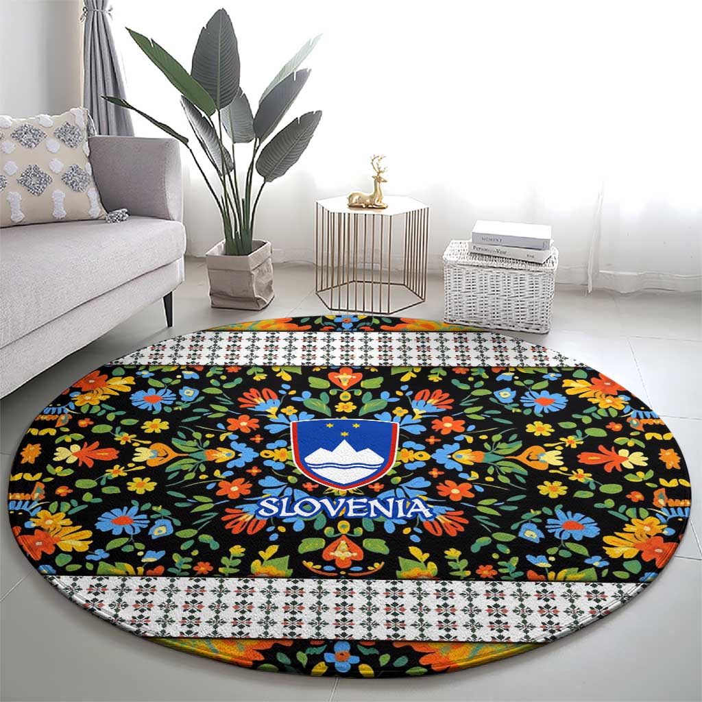 Slovenia Folk Art Round Carpet Bright Floral Pattern with National Crest Emblem