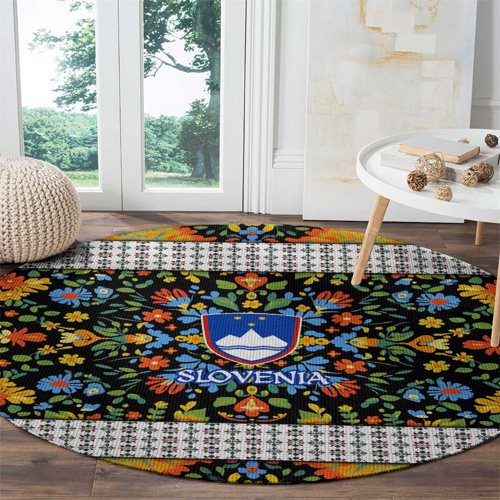 Slovenia Folk Art Round Carpet Bright Floral Pattern with National Crest Emblem