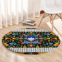 Slovenia Folk Art Round Carpet Bright Floral Pattern with National Crest Emblem
