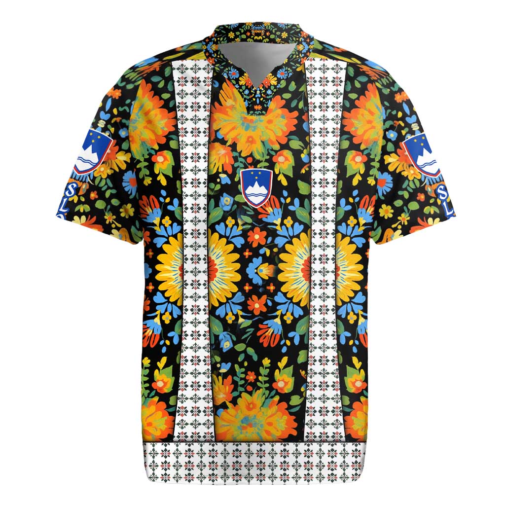 Slovenia Folk Art Rugby Jersey Bright Floral Pattern with National Crest Emblem