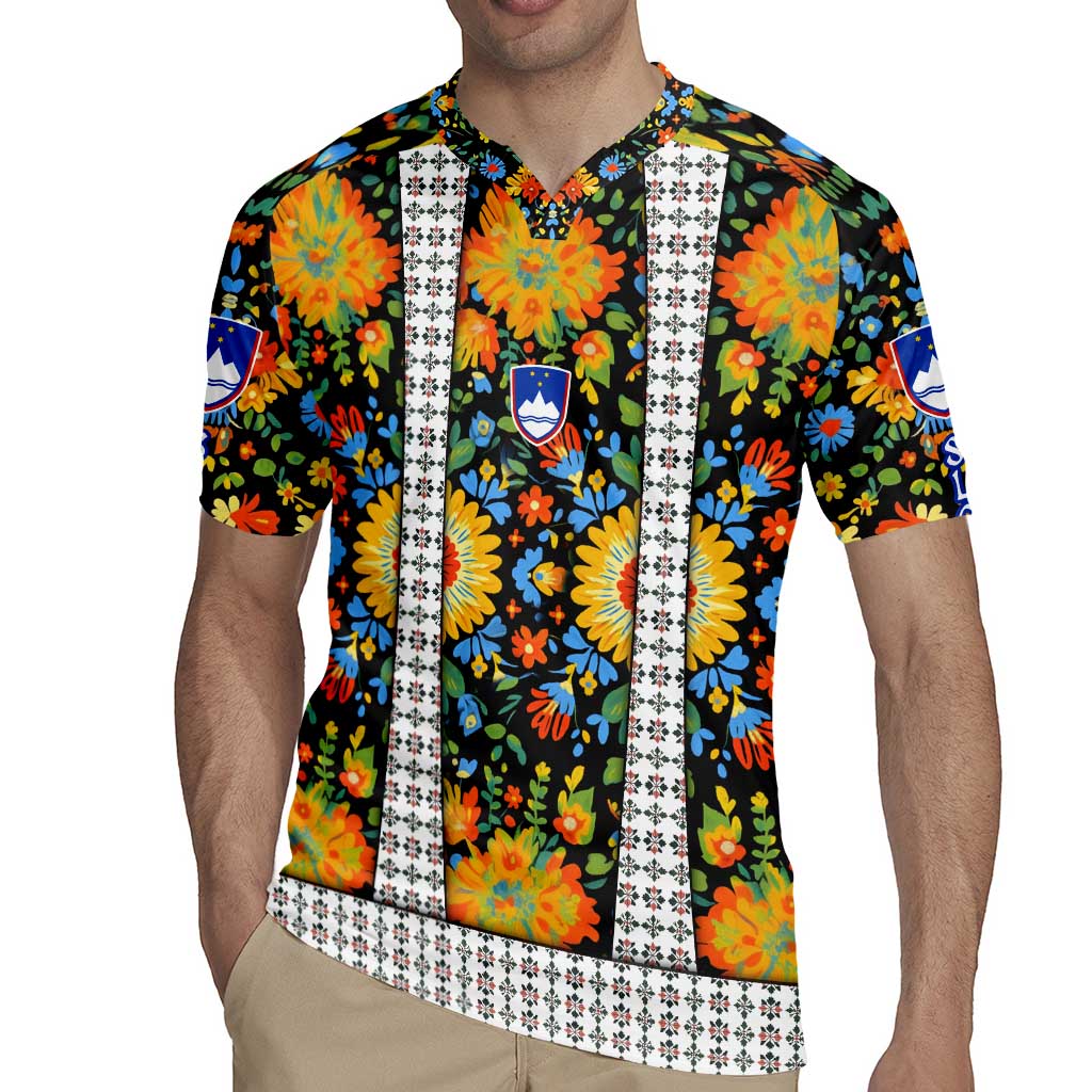 Slovenia Folk Art Rugby Jersey Bright Floral Pattern with National Crest Emblem