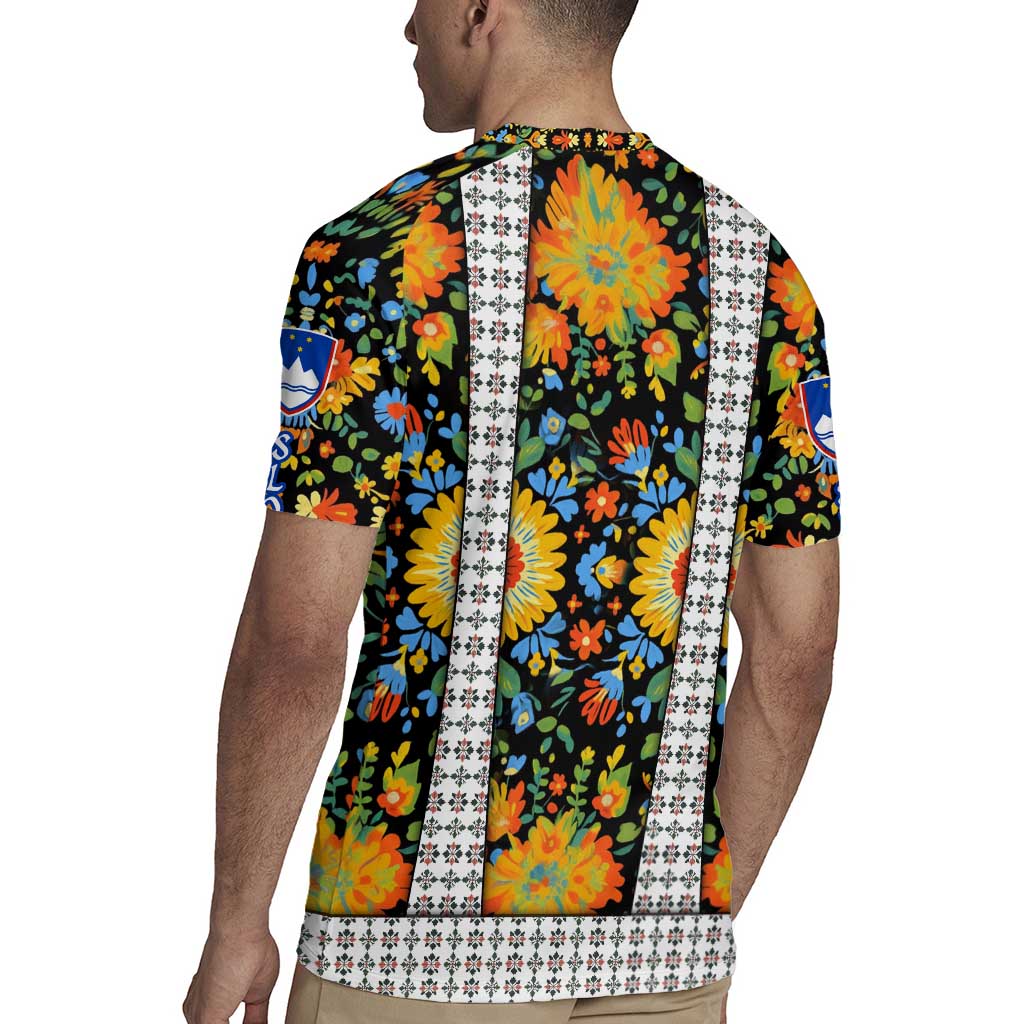 Slovenia Folk Art Rugby Jersey Bright Floral Pattern with National Crest Emblem