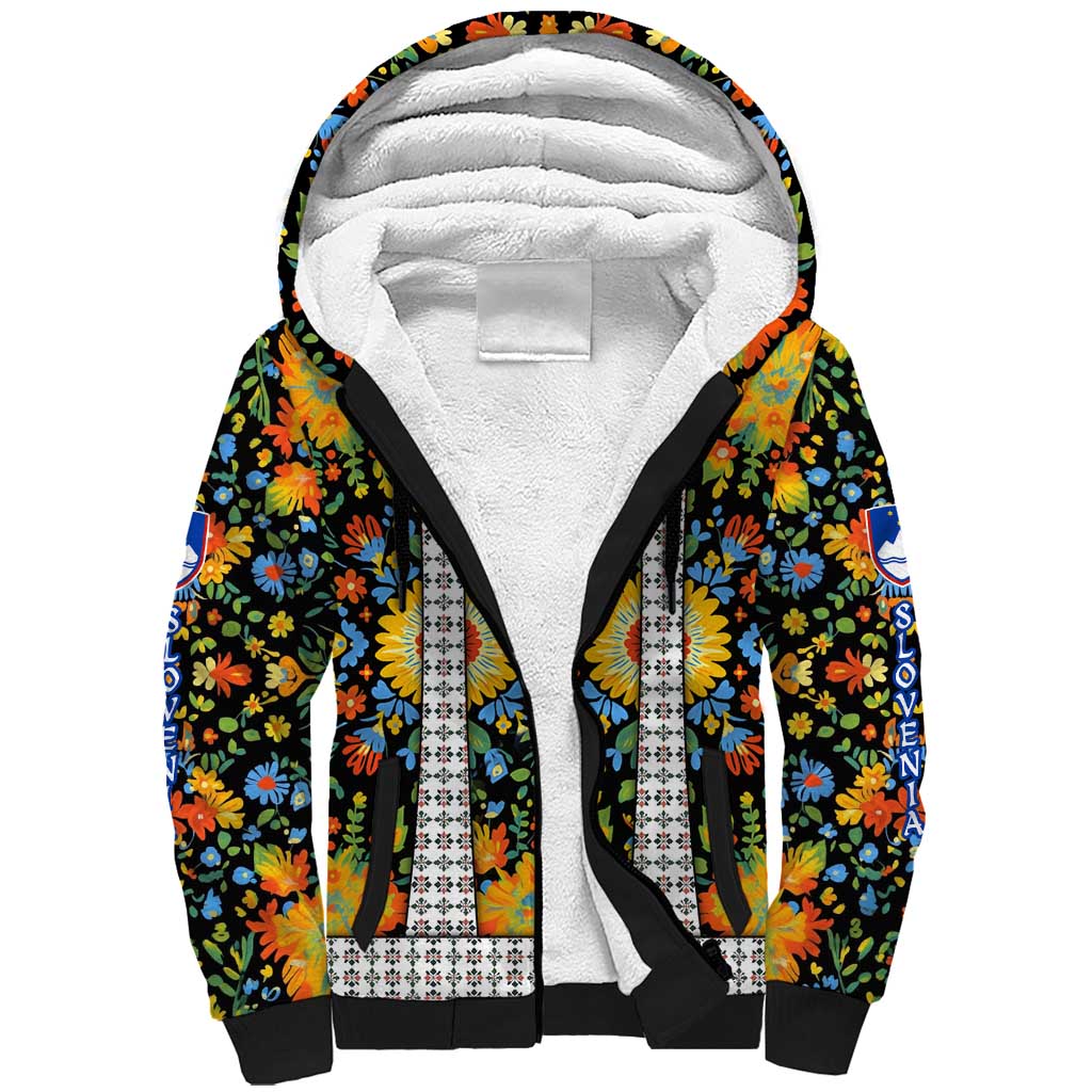 Slovenia Folk Art Sherpa Hoodie Bright Floral Pattern with National Crest Emblem