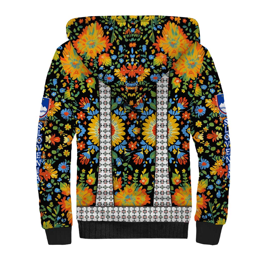 Slovenia Folk Art Sherpa Hoodie Bright Floral Pattern with National Crest Emblem