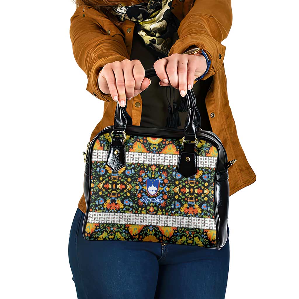 Slovenia Folk Art Shoulder Handbag Bright Floral Pattern with National Crest Emblem