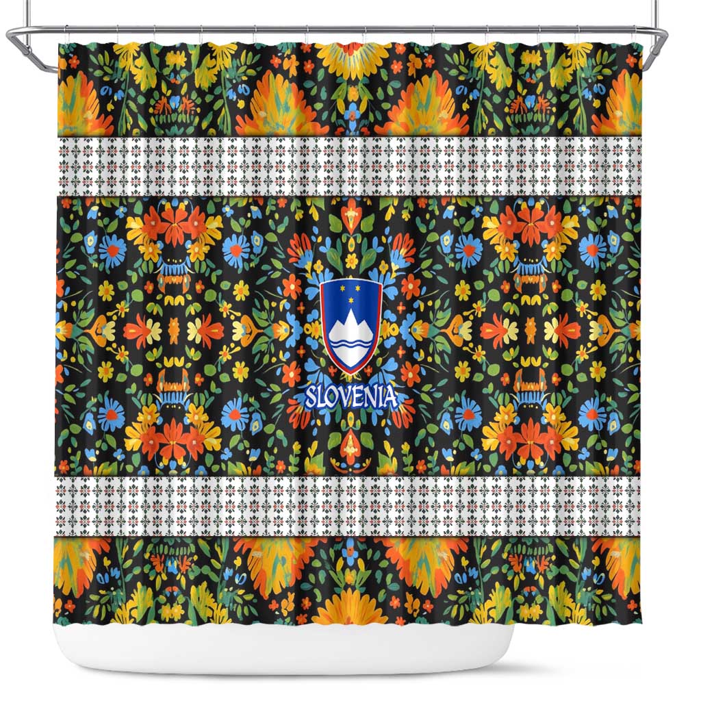 Slovenia Folk Art Shower Curtain Bright Floral Pattern with National Crest Emblem