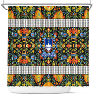 Slovenia Folk Art Shower Curtain Bright Floral Pattern with National Crest Emblem