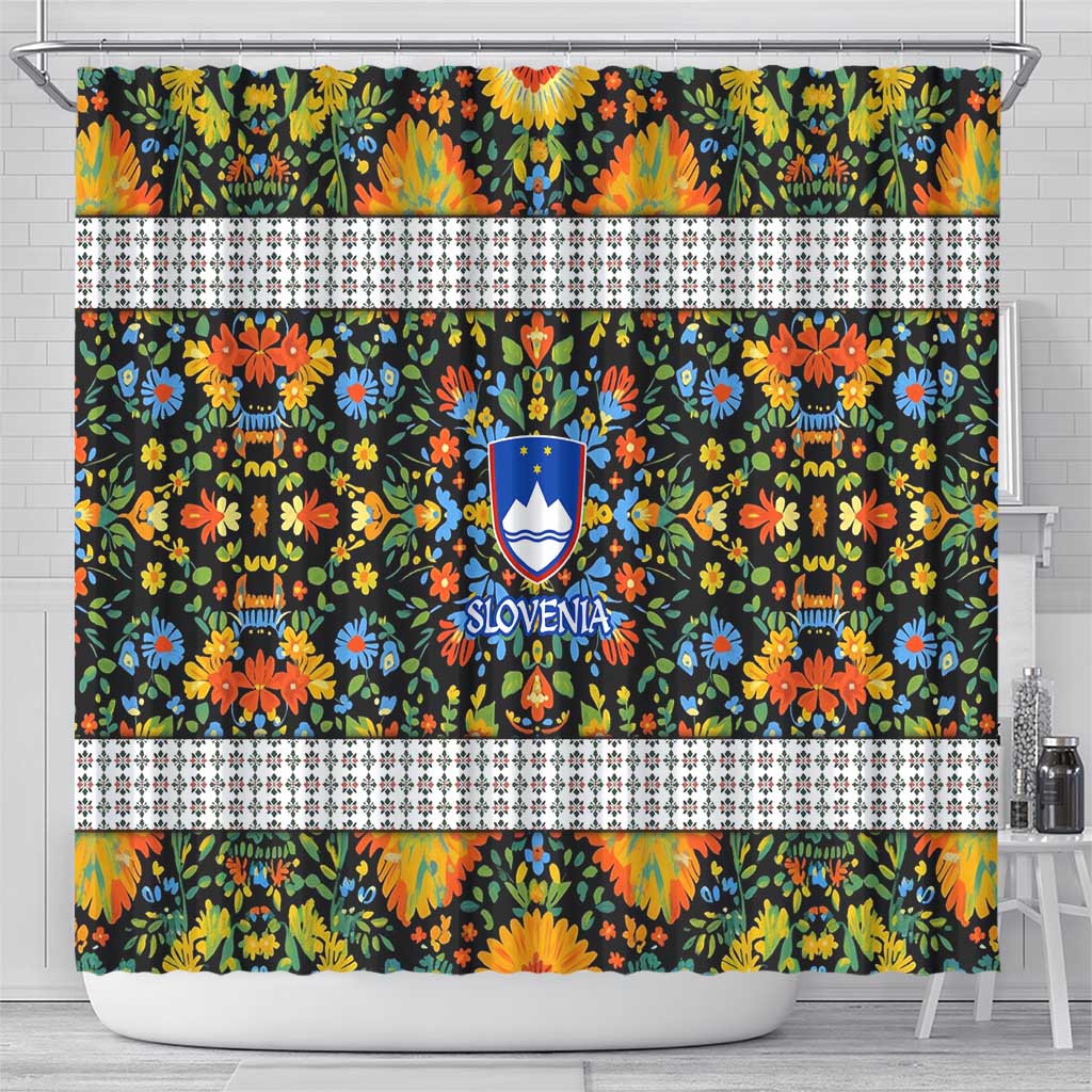 Slovenia Folk Art Shower Curtain Bright Floral Pattern with National Crest Emblem
