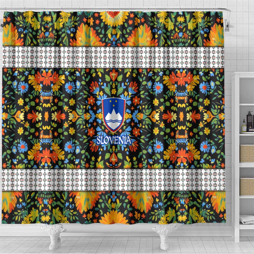 Slovenia Folk Art Shower Curtain Bright Floral Pattern with National Crest Emblem