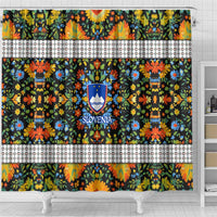 Slovenia Folk Art Shower Curtain Bright Floral Pattern with National Crest Emblem