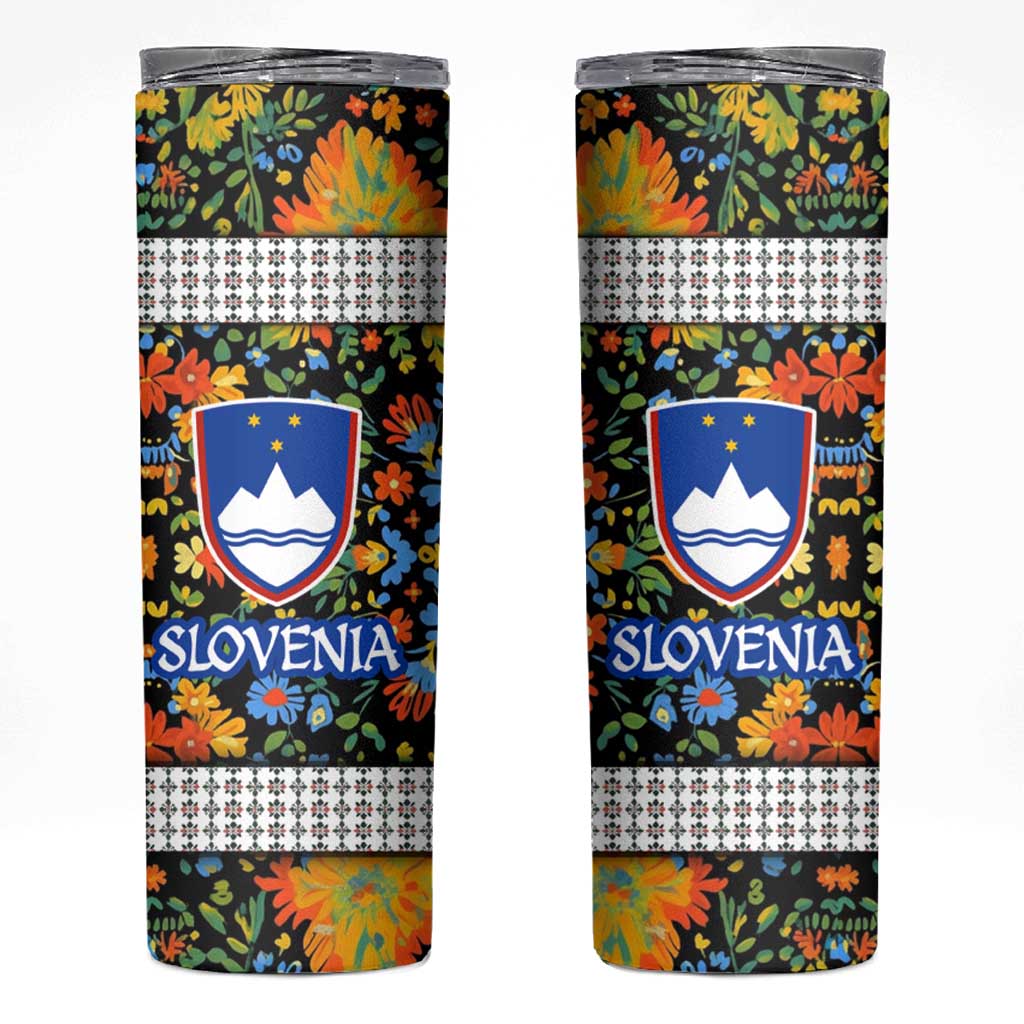 Slovenia Folk Art Skinny Tumbler Bright Floral Pattern with National Crest Emblem