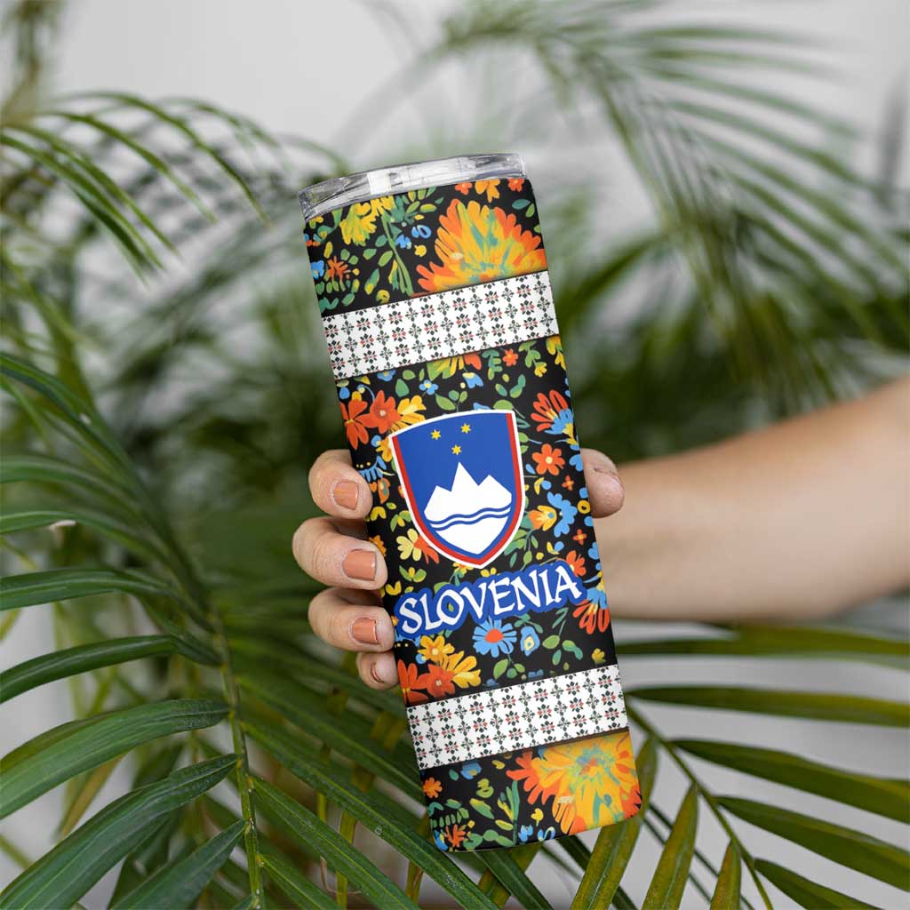 Slovenia Folk Art Skinny Tumbler Bright Floral Pattern with National Crest Emblem