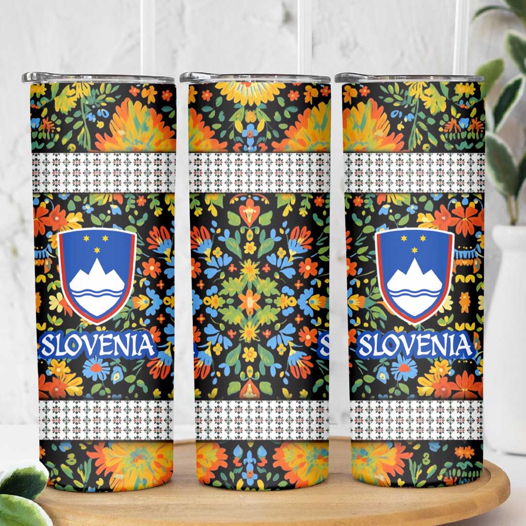 Slovenia Folk Art Skinny Tumbler Bright Floral Pattern with National Crest Emblem