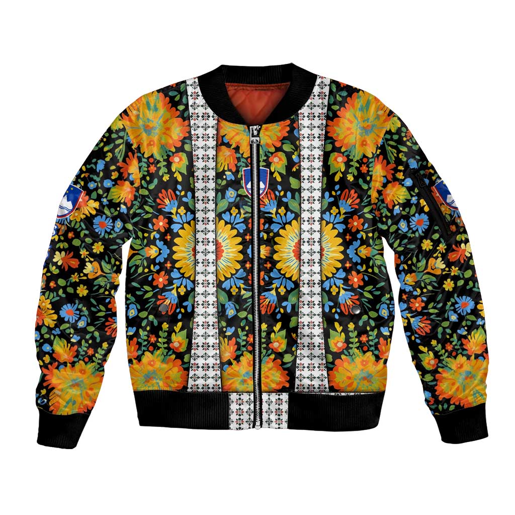 Slovenia Folk Art Sleeve Zip Bomber Jacket Bright Floral Pattern with National Crest Emblem