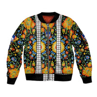 Slovenia Folk Art Sleeve Zip Bomber Jacket Bright Floral Pattern with National Crest Emblem