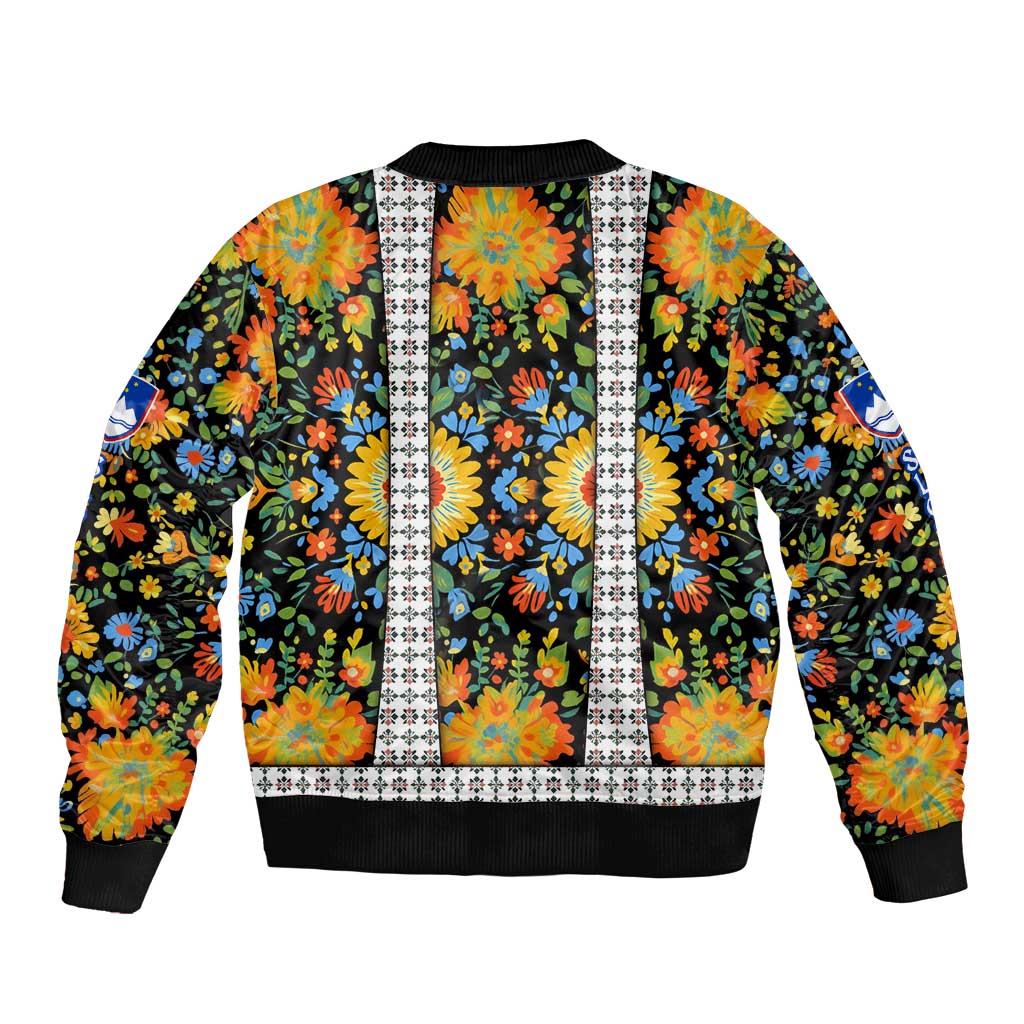Slovenia Folk Art Sleeve Zip Bomber Jacket Bright Floral Pattern with National Crest Emblem