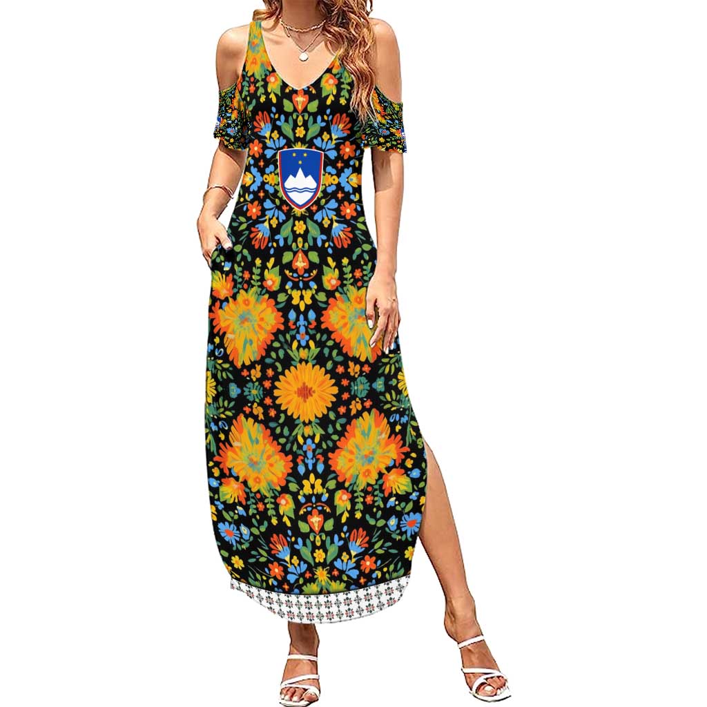 Slovenia Folk Art Summer Maxi Dress Bright Floral Pattern with National Crest Emblem