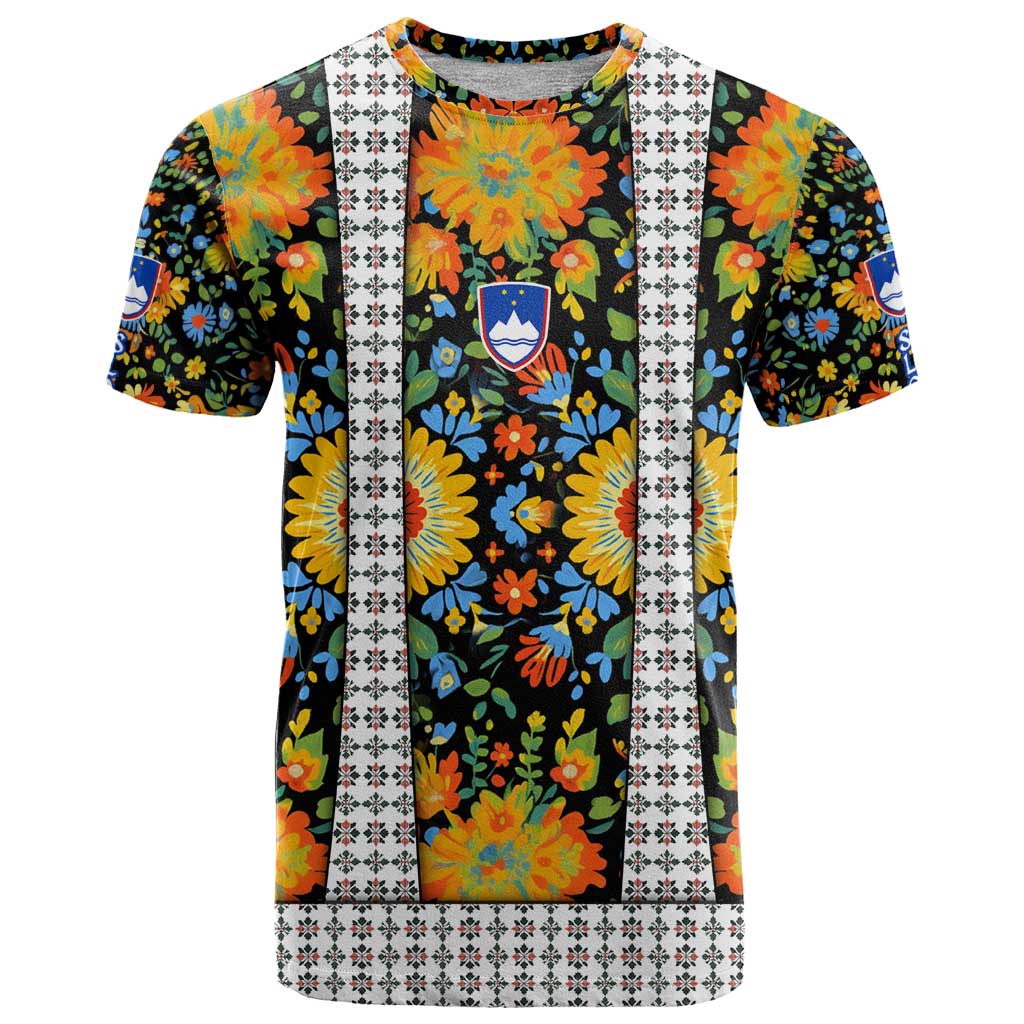Slovenia Folk Art T Shirt Bright Floral Pattern with National Crest Emblem