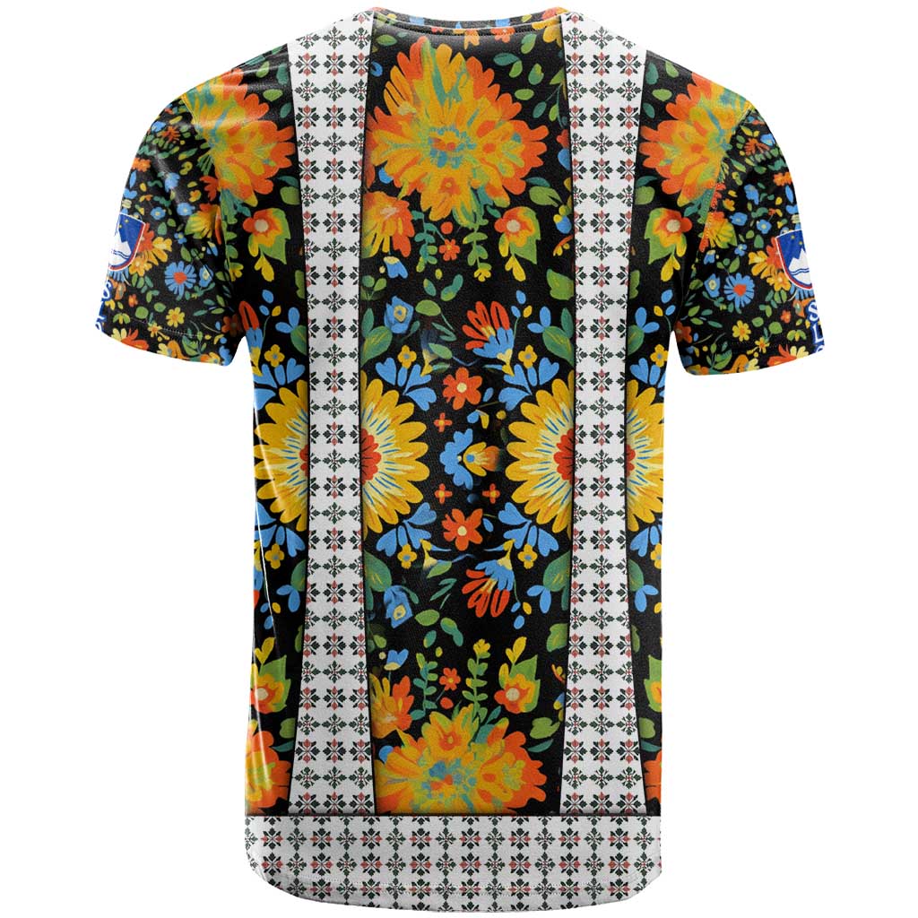 Slovenia Folk Art T Shirt Bright Floral Pattern with National Crest Emblem