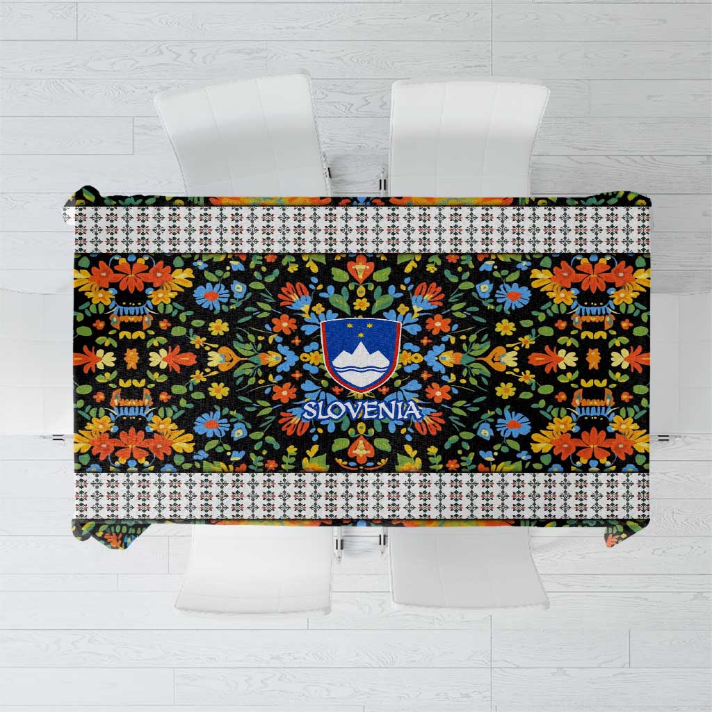 Slovenia Folk Art Tablecloth Bright Floral Pattern with National Crest Emblem