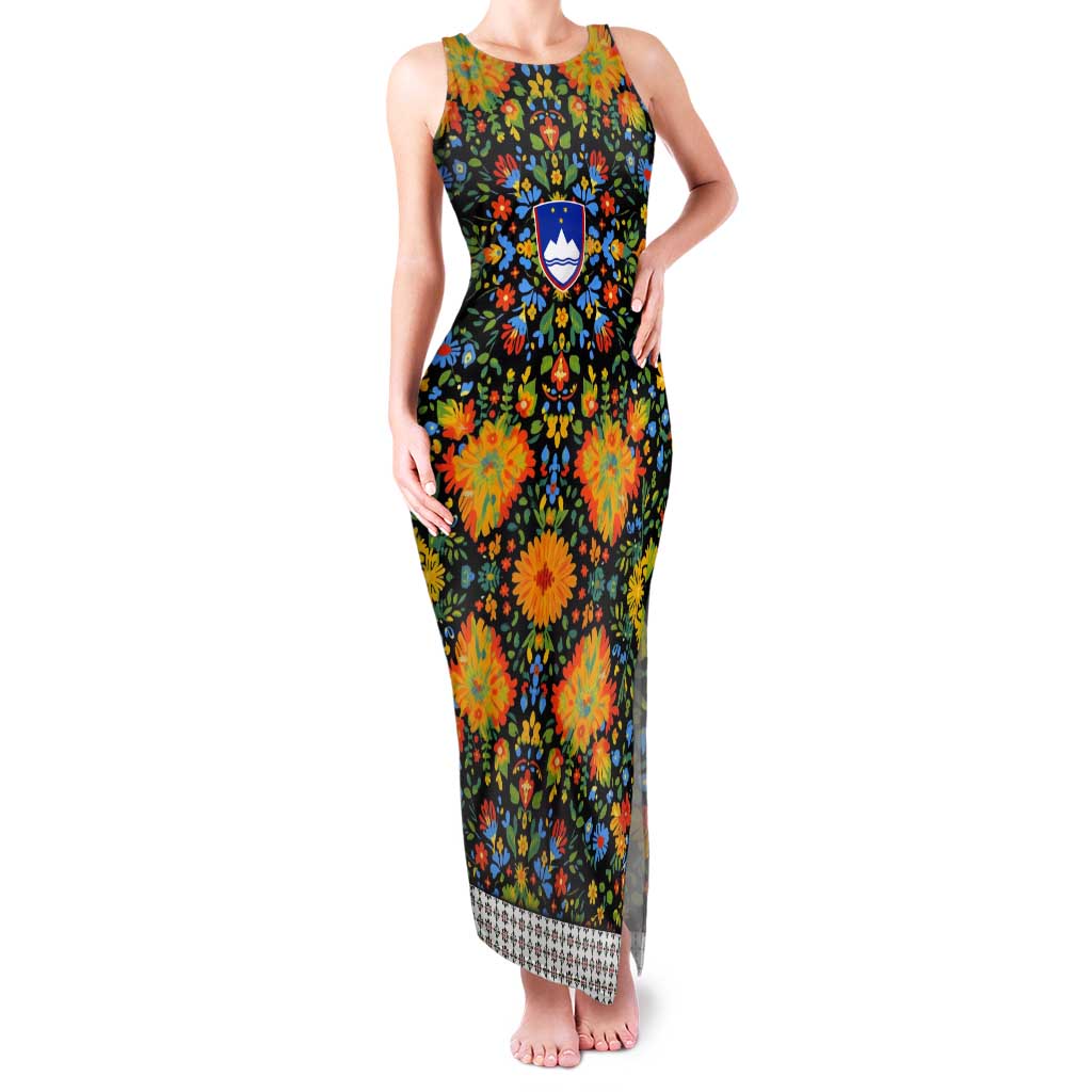 Slovenia Folk Art Tank Maxi Dress Bright Floral Pattern with National Crest Emblem