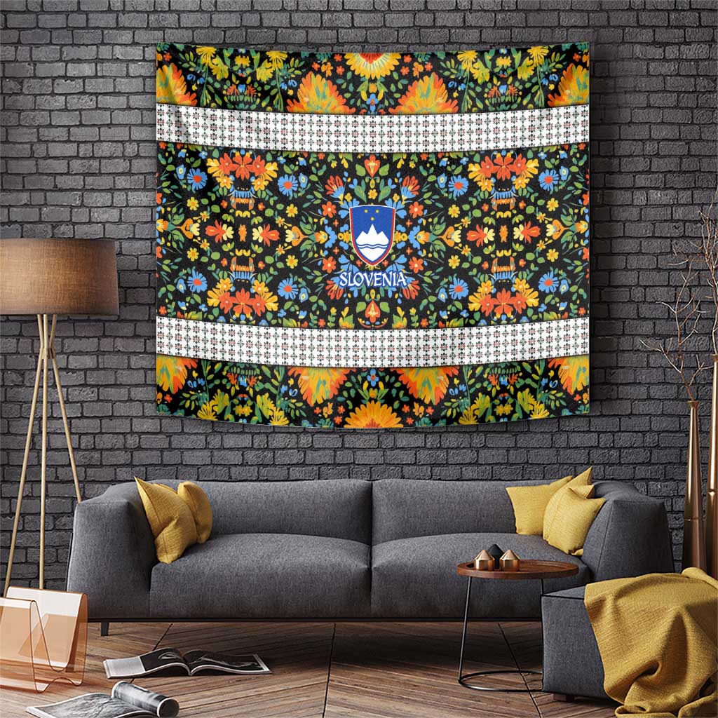 Slovenia Folk Art Tapestry Bright Floral Pattern with National Crest Emblem