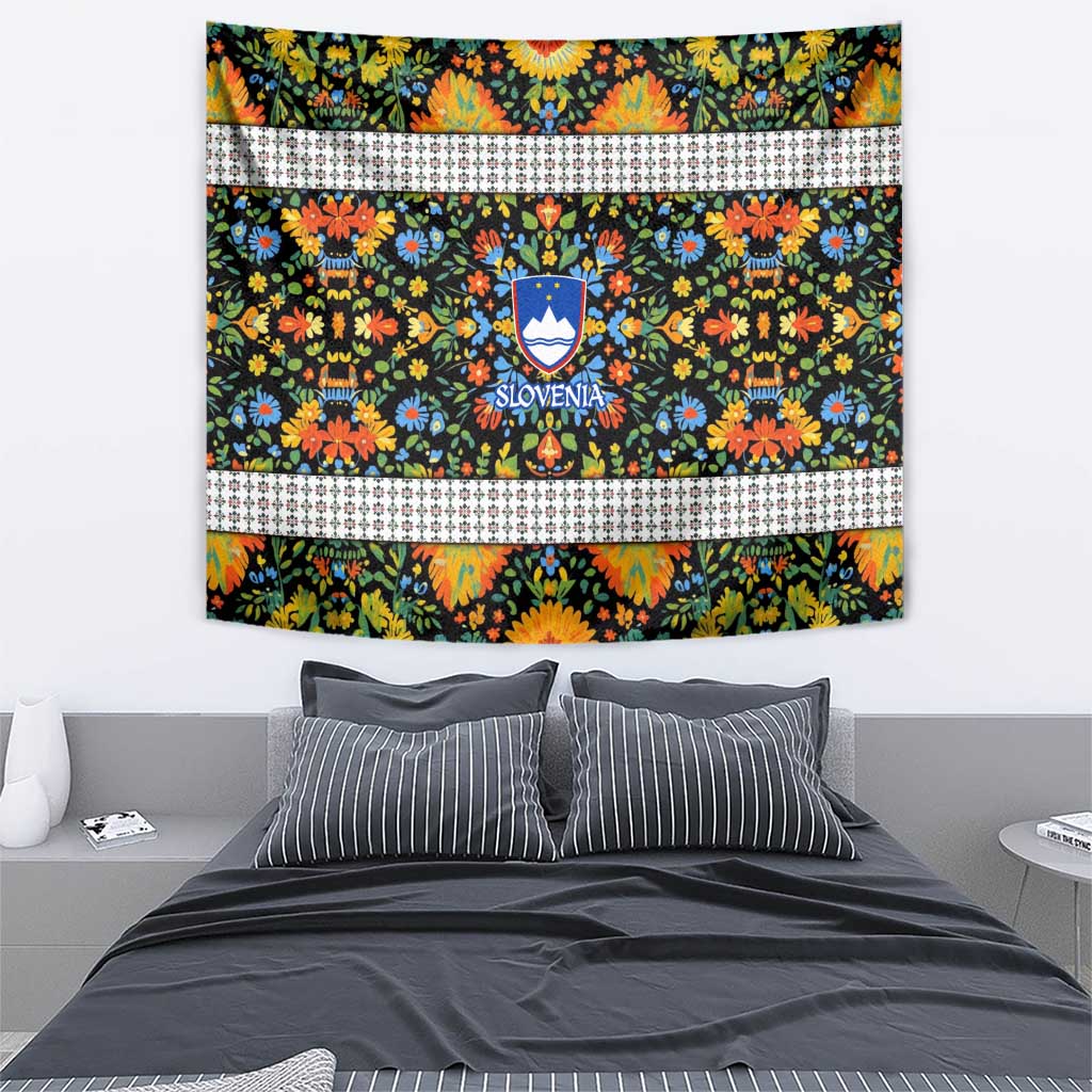 Slovenia Folk Art Tapestry Bright Floral Pattern with National Crest Emblem