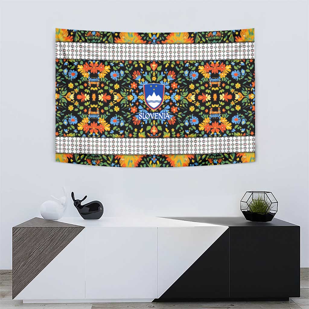 Slovenia Folk Art Tapestry Bright Floral Pattern with National Crest Emblem