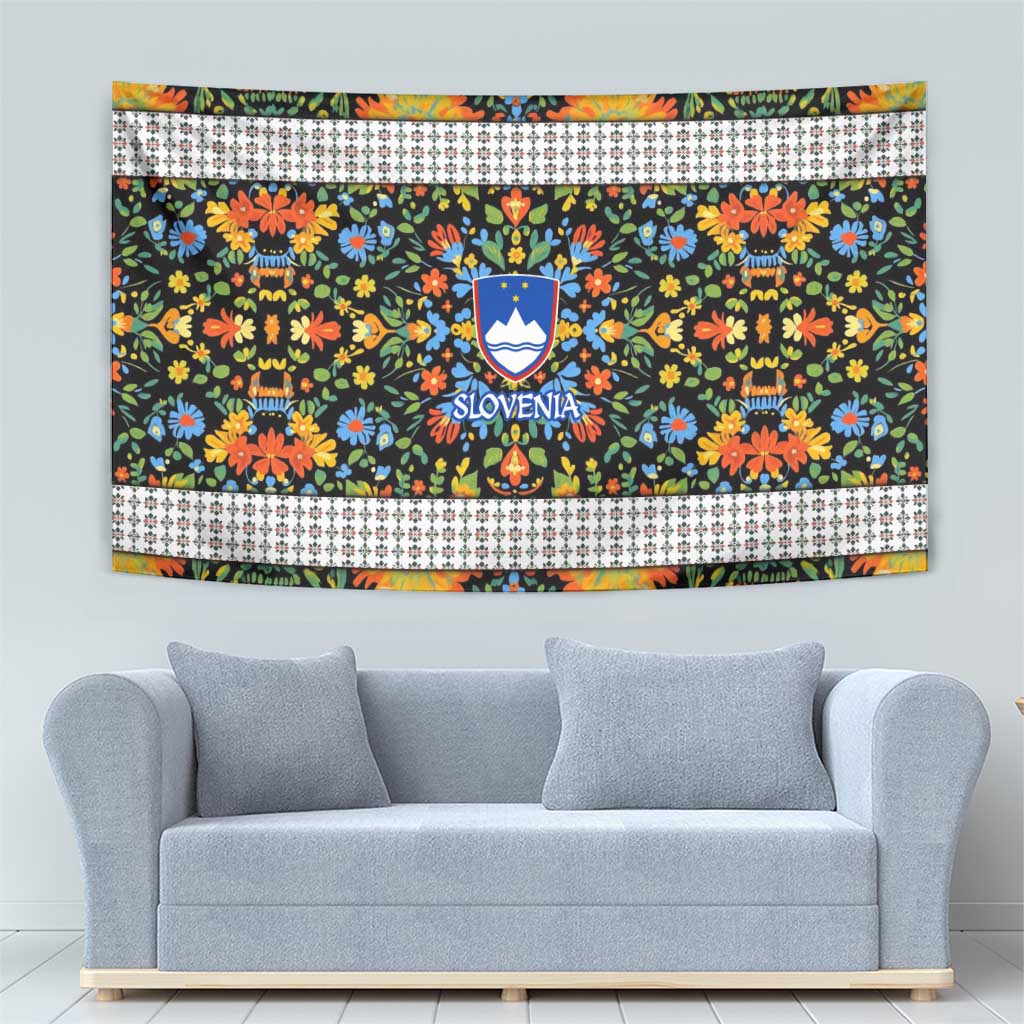 Slovenia Folk Art Tapestry Bright Floral Pattern with National Crest Emblem
