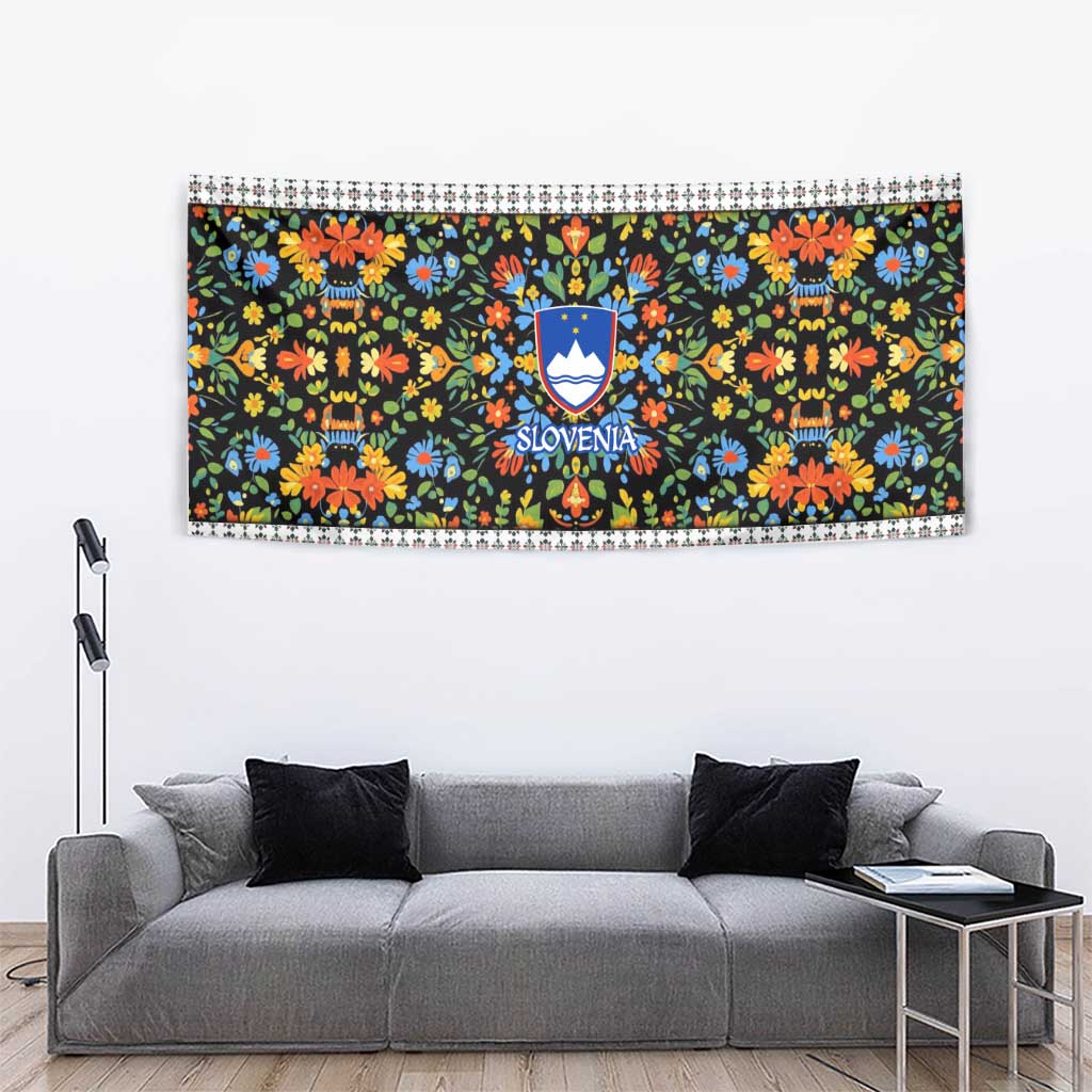 Slovenia Folk Art Tapestry Bright Floral Pattern with National Crest Emblem