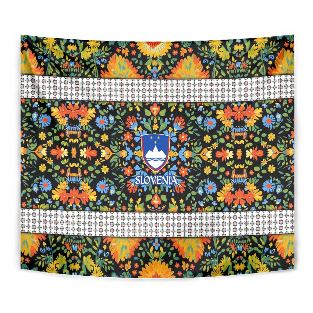 Slovenia Folk Art Tapestry Bright Floral Pattern with National Crest Emblem