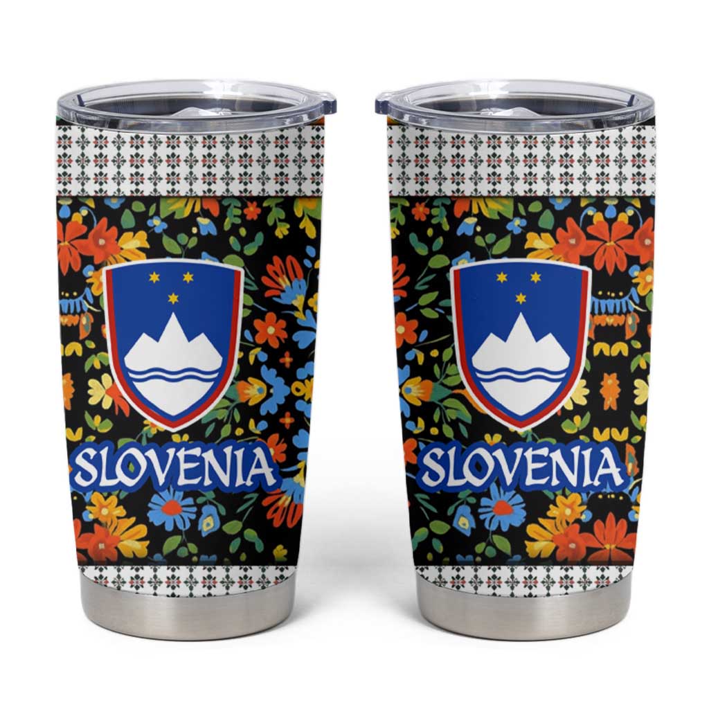 Slovenia Folk Art Tumbler Cup Bright Floral Pattern with National Crest Emblem