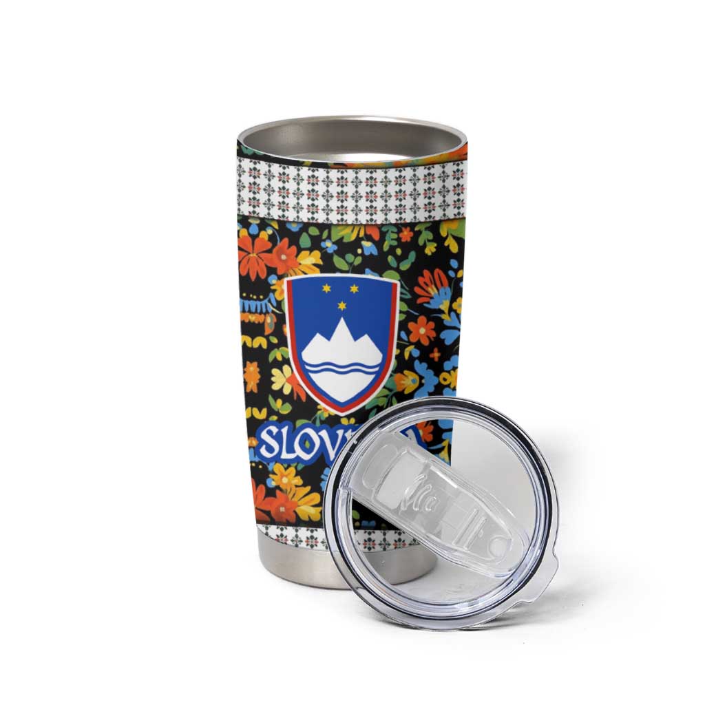 Slovenia Folk Art Tumbler Cup Bright Floral Pattern with National Crest Emblem