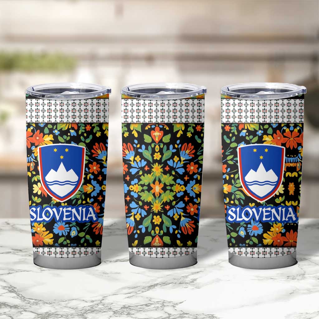 Slovenia Folk Art Tumbler Cup Bright Floral Pattern with National Crest Emblem