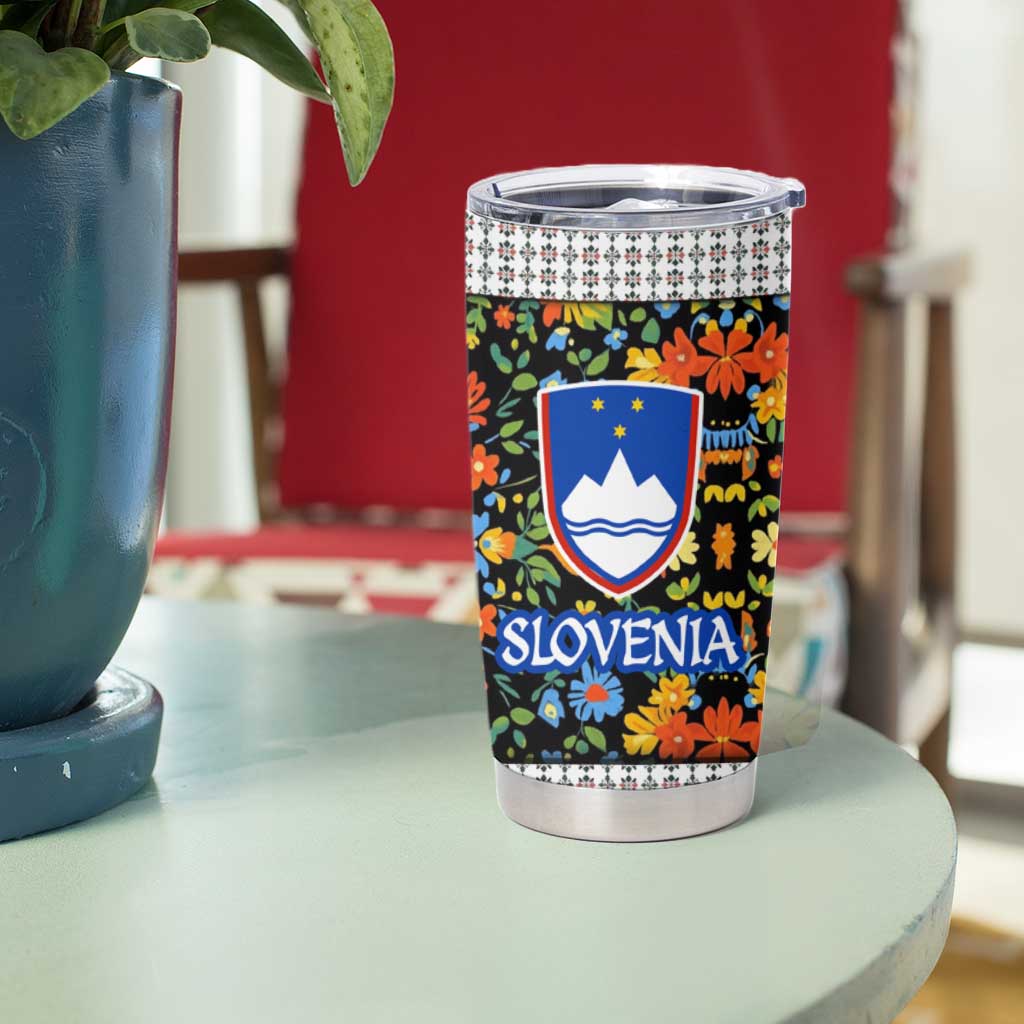 Slovenia Folk Art Tumbler Cup Bright Floral Pattern with National Crest Emblem