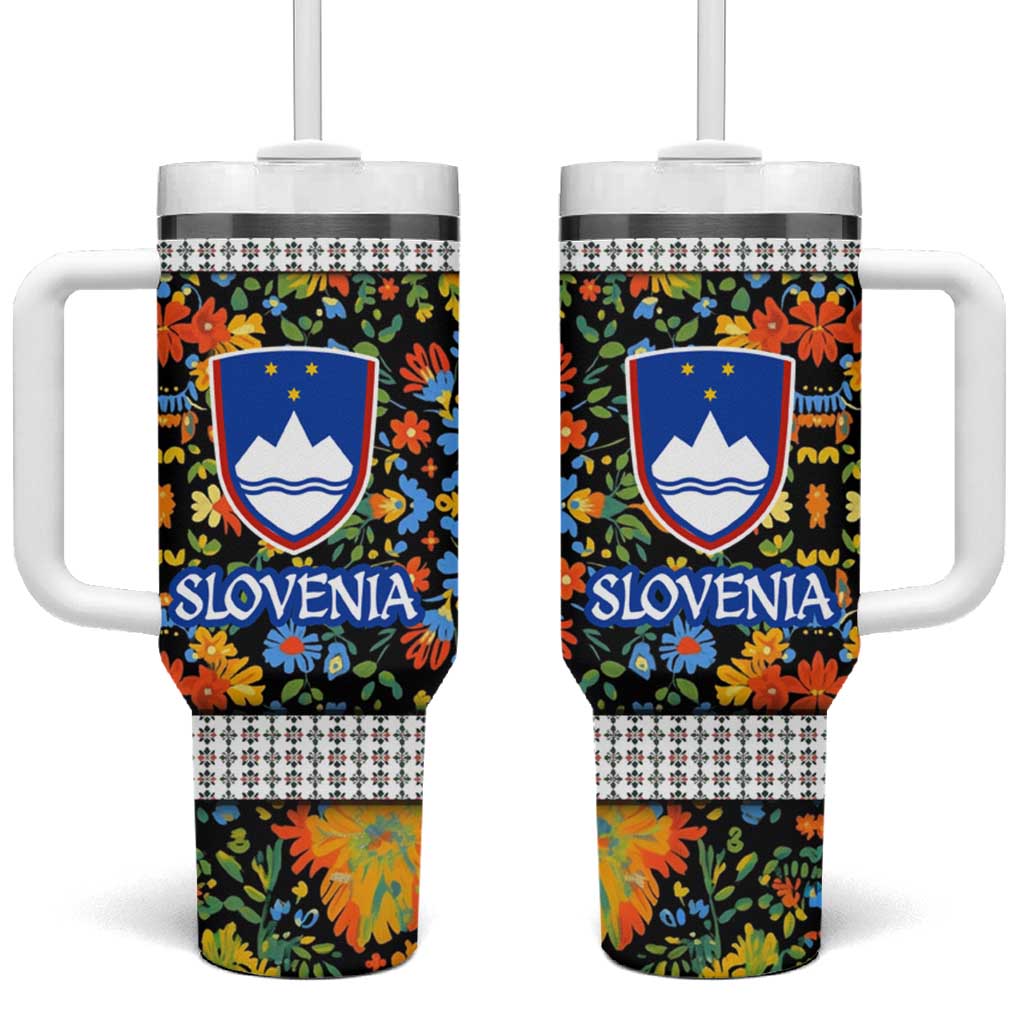 Slovenia Folk Art Tumbler With Handle Bright Floral Pattern with National Crest Emblem