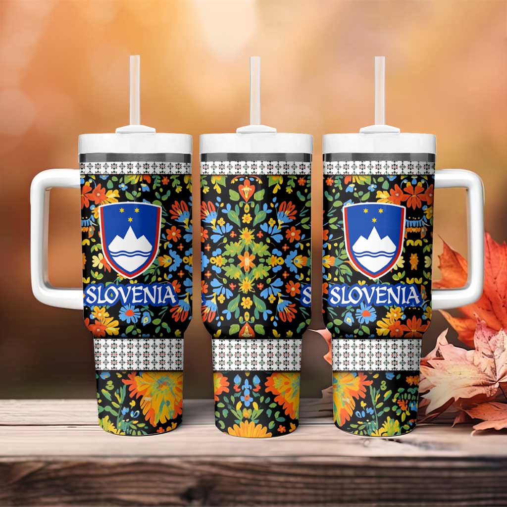Slovenia Folk Art Tumbler With Handle Bright Floral Pattern with National Crest Emblem