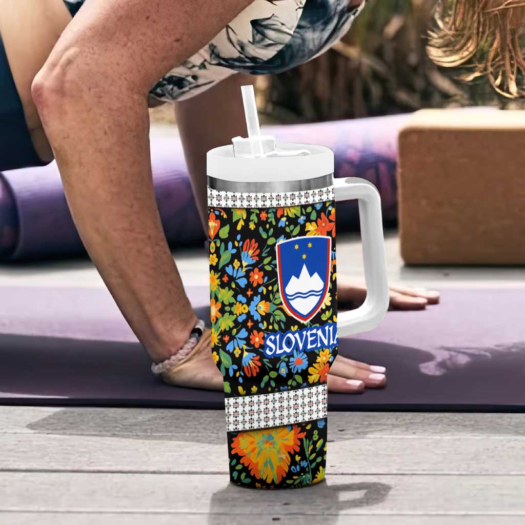 Slovenia Folk Art Tumbler With Handle Bright Floral Pattern with National Crest Emblem