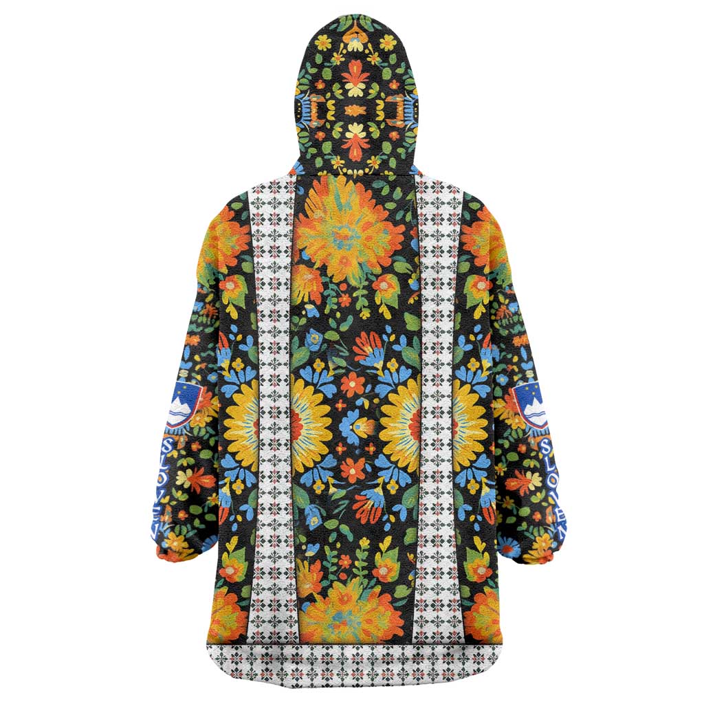 Slovenia Folk Art Wearable Blanket Hoodie Bright Floral Pattern with National Crest Emblem
