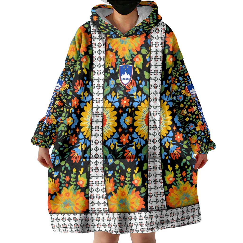 Slovenia Folk Art Wearable Blanket Hoodie Bright Floral Pattern with National Crest Emblem