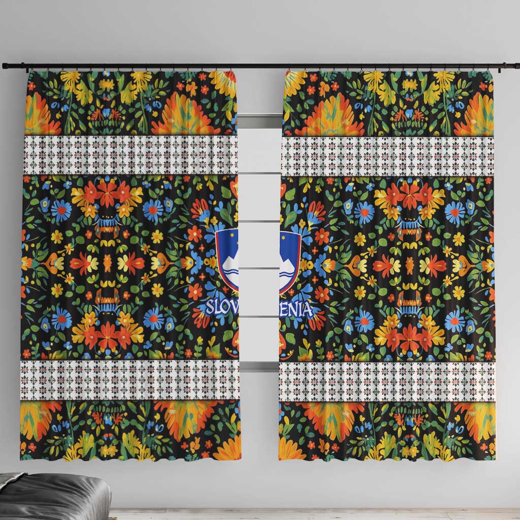 Slovenia Folk Art Window Curtain Bright Floral Pattern with National Crest Emblem