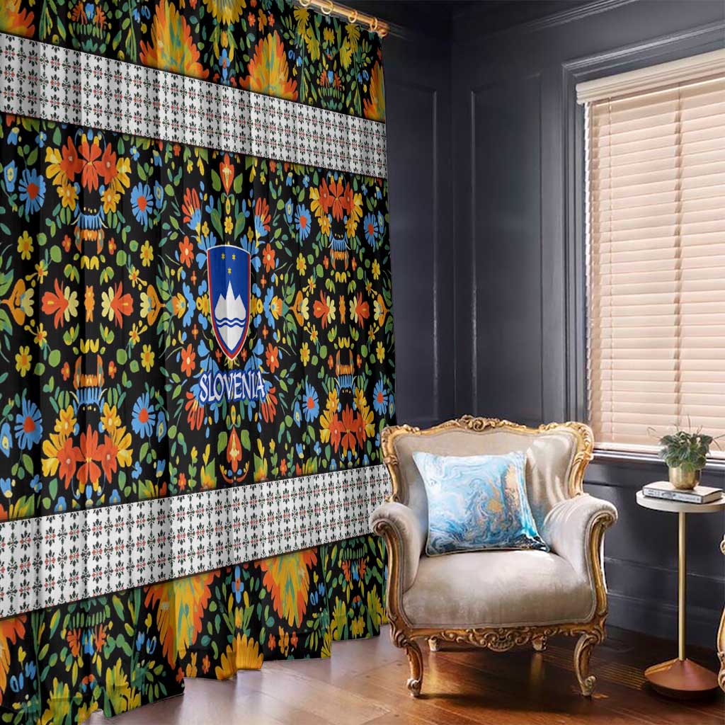 Slovenia Folk Art Window Curtain Bright Floral Pattern with National Crest Emblem